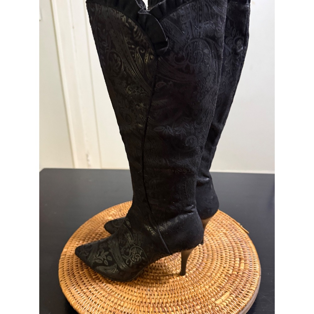 Impo Stretch Black Paisley Brocade Ruffle Knee High Stiletto Boots Pointed Toe